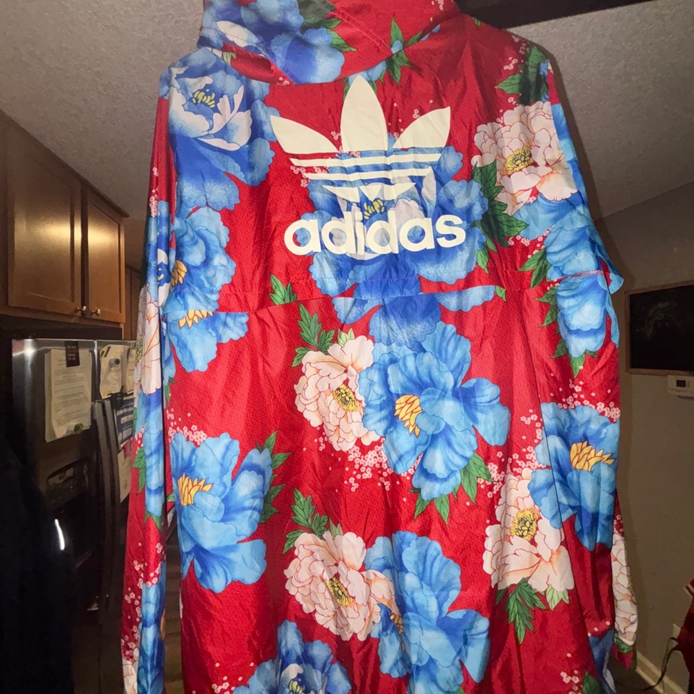 Adidas Red Bomber Jacket with Blue Floral Design - Picture 5 of 5